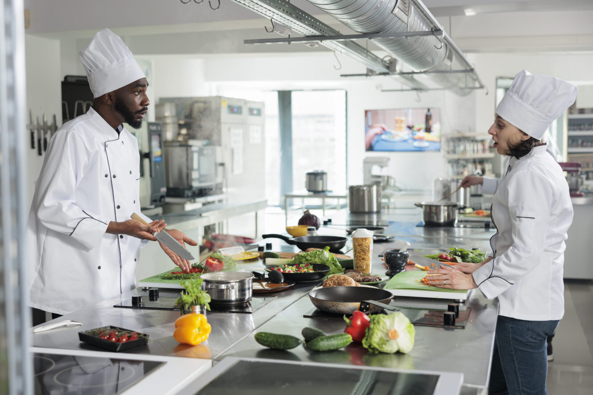 Head and sous chef discussing about what recipe to prepare for dinner service at fine dining restaurant. Skilled gastronomy experts cooking gourmet dish while in professional kitchen.